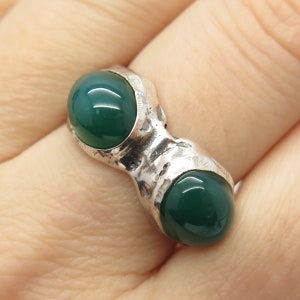 925 Sterling Silver Vintage Real Green Onyx Gemstone Ring Size 8 1/4