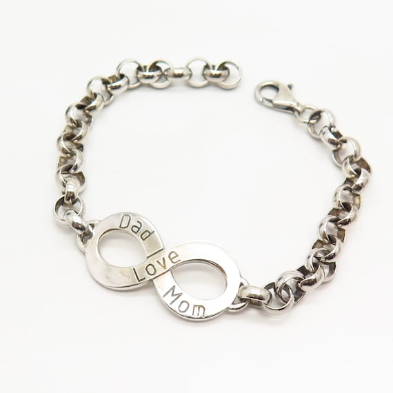 925 Sterling Silver Dad Love Mom Infinity Design Rolo Link Bracelet 8 1 4
