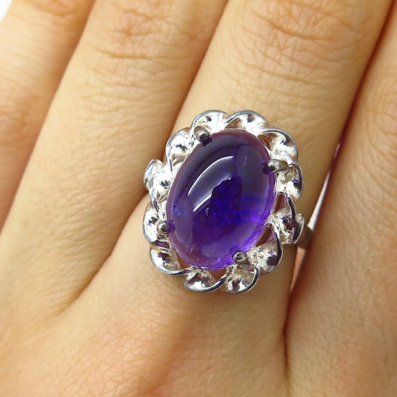 925 Sterling Silver Large Amethyst Gemstone Twisted Ribbon Design Ring Size 7