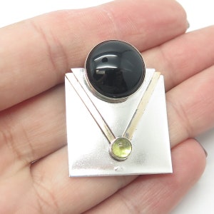 925 Sterling Silver Vintage Real Black Onyx and Peridot Gemstone Pin Brooch
