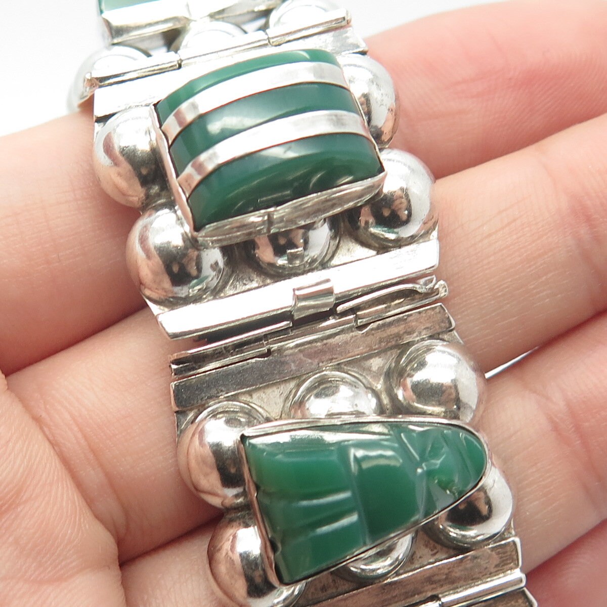 925 Sterling Silver Vintage Mexico Green Onyx Tribal Face Link