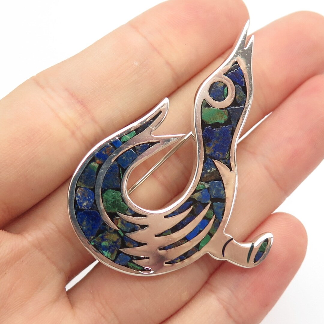 画材 Lizardrite Genuine 950 Silver Vintage Mexico Real Azurite Gem Inlay Bird Pin