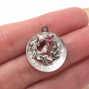 925 Sterling Silver Vintage Lab Sapphire Gem and Enamel &quot;Merry Christmas&quot; Pendant