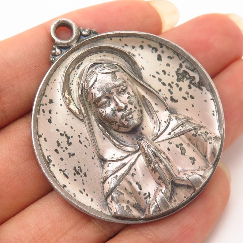 Vintage Creed 925 Sterling Silver Mary in Prayer Large Solid Religious Pendant