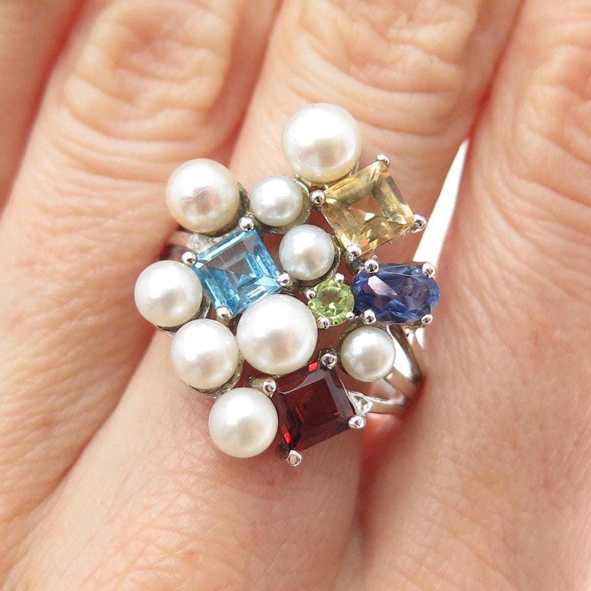 925 Sterling Vintage Pearl Topaz Garnet Citrine Tanzanite Peridot Ring Size 9.25