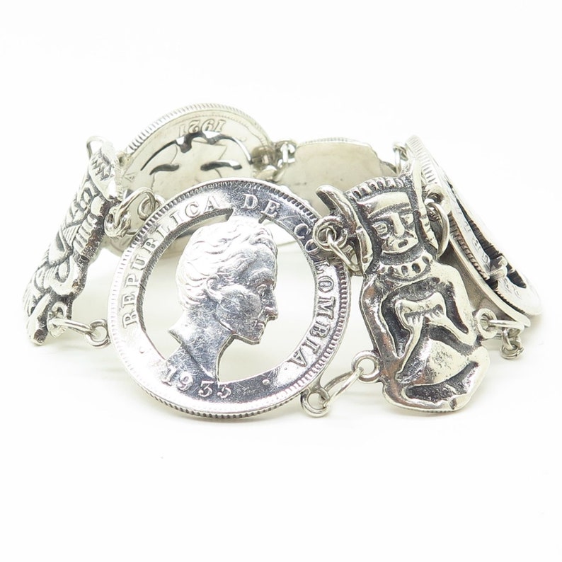 Vtg 900 Silver Colombia Coin Cutout Design and Tribal Theme Wide Link Bracelet 7