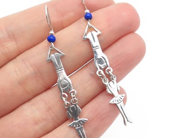 925 Sterling Silver Real Lapis Lazuli Gem Man and Woman Dangling Earrings