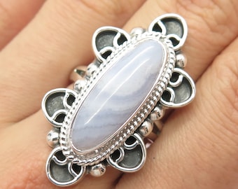 925 Sterling Silver Vintage Mexico Real Agate Gem Elongated Ring Size 9