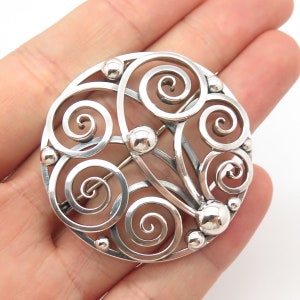 925 Sterling Silver Vintage Denmark M.S. Swirl Round Pin Brooch