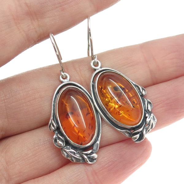 925 Sterling Silver Vintage JT Gdansk Poland Real Amber Calla Lily Earrings