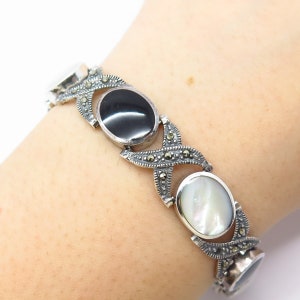 925 Sterling Silver Vintage MOP Black Onyx and Marcasite Gem Link Bracelet 7&quot;