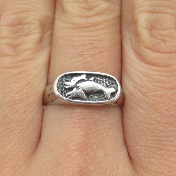 925 Sterling Silver Vintage Friendly Dolphin Ring… - image 1