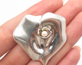 925 Sterling Silver Vintage Real Pearl Calla Lilly Floral Pin Brooch