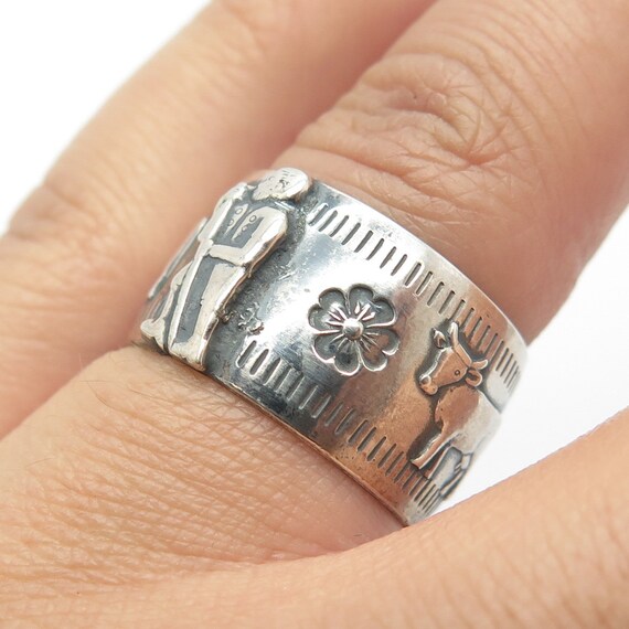800 Silver Vintage Cow Storyteller Band Ring Size… - image 2