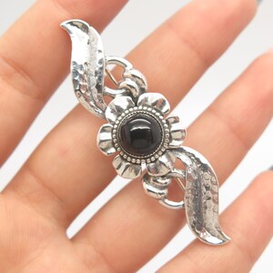 925 Sterling Silver Vintage Real Black Onyx Gem Floral Leaf Pin Brooch