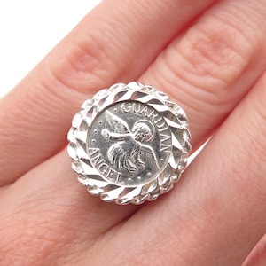 925 Sterling Silver Vintage Guardian Angel Coin Oxidized Ring Size 5.5 image 1