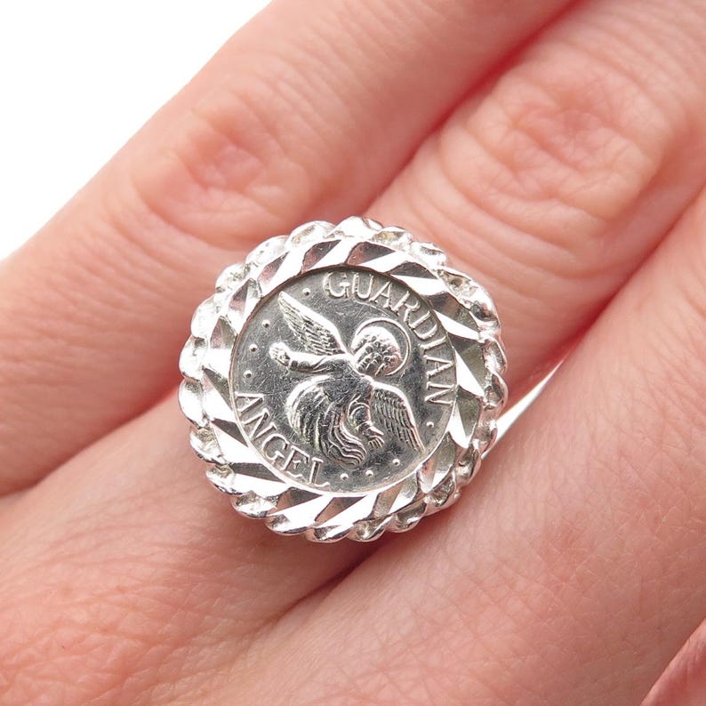 925 Sterling Silver Vintage Guardian Angel Coin Oxidized Ring Size 5.5 image 1