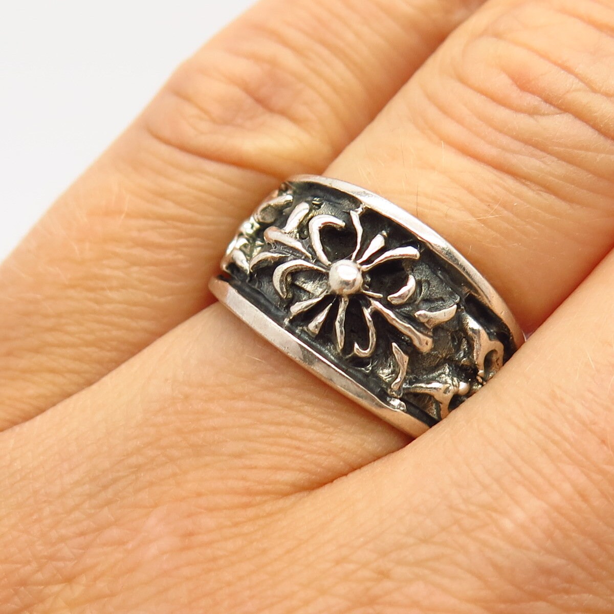 925 Sterling Silver Vintage Mexico Floral Ornate Design Ring Size