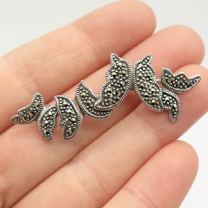 925 Sterling Silver Vintage Real Marcasite Gem Leaves Pin Brooch