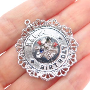 925 Sterling Silver Vintage Multi-Color Glass Happy Birthday Charm Pendant