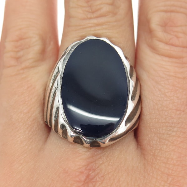 925 Sterling Silver Vintage Mexico Real Blue Obsidian Oval Signet Ring Size 10