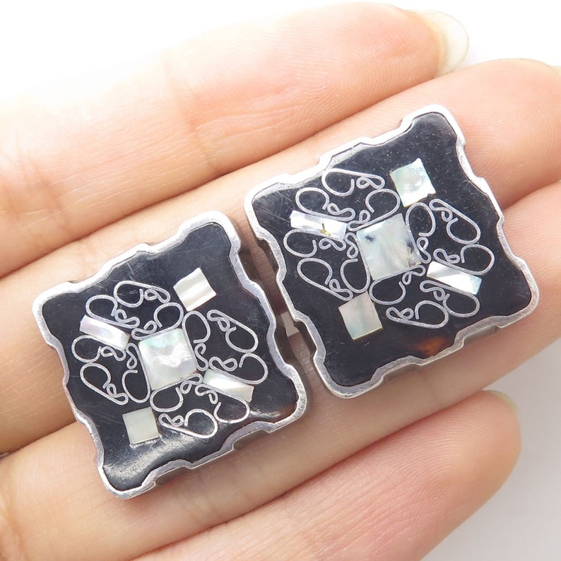 Vintage Mexico Signed 925 Silver Black Onyx Abalone Shell Large Mens Cufflinks