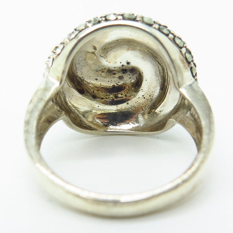 Signed 925 Sterling Silver Real Marcasite Gem C Z Spiral Wide Ring Size 8