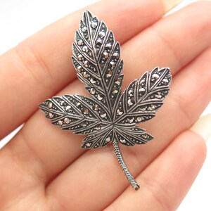 925 Sterling Silver Vintage Real Marcasite Gemstone Leaf Pin Brooch