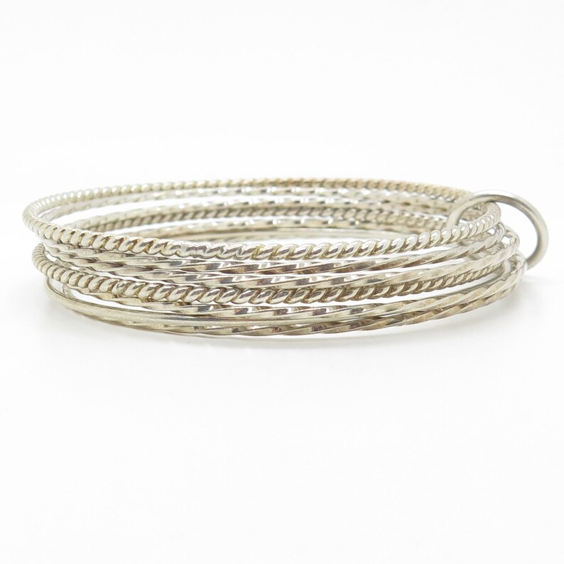 Signed 925 Silver 6 Piece Bonded Stackable Twisted Design Bangle Bracelet 7.5