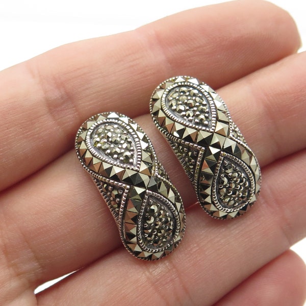 925 Sterling Silver Vintage Real Marcasite Art Deco Style Infinity Earrings