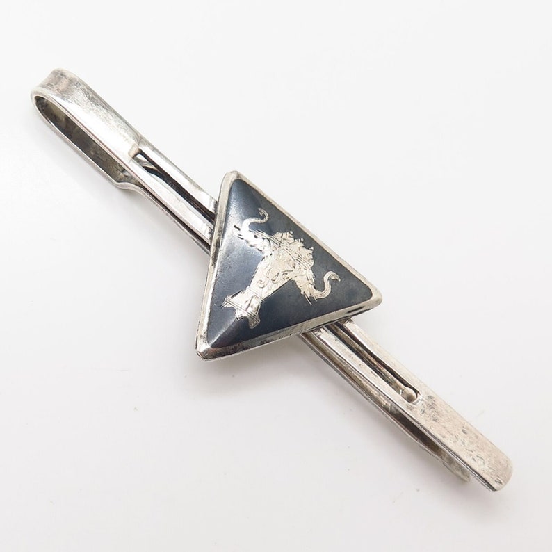 925 Sterling Silver Vintage Siam Niello Three Headed Elephant Tie Clip