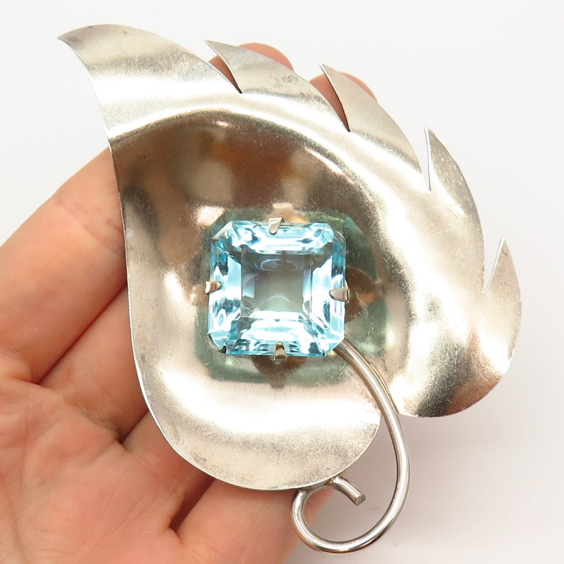 925 Sterling Silver Vintage Blue Topaz-Tone Glass Leaf Design shops Large Pin Brooch