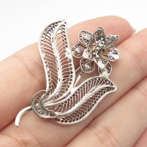 925 Sterling Silver Vintage Floral Filigree Pin Brooch