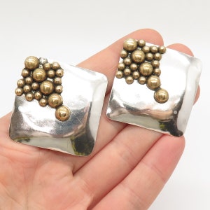 LOUIS L BOOTH VINTAGE BRUTALIST STERLING AND BRASS CLIP ON EARRINGS SIGNED
