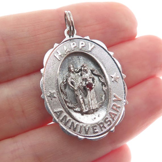 925 Sterling Silver Antique Rhinestone Engraved Happy Anniversary Charm Pendant