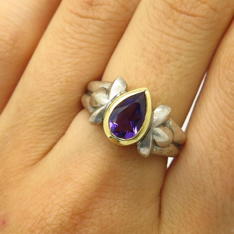 Bill Blass 925 Sterling Silver 18K Real Amethyst Gemstone Ring Size 6 14