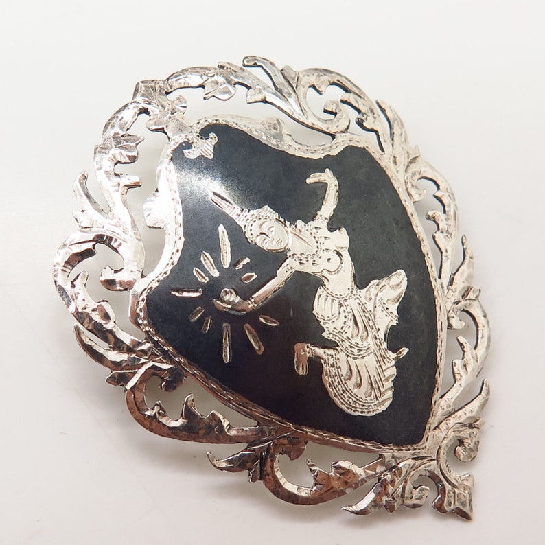 925 Sterling Silver Vintage Siam Niello Hindu Goddess Manimekhala Pin Brooch