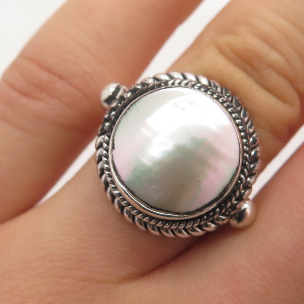 925 Sterling Silver Vintage Suarti Bali Real Mother-of-Pearl Ring Size 5.5