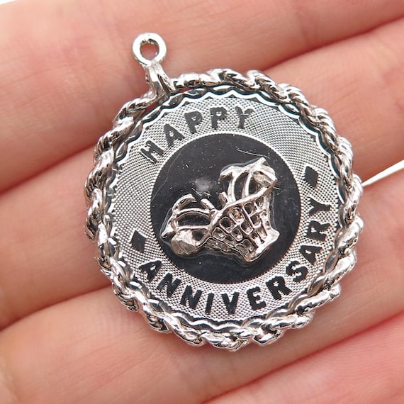 925 Sterling Silver Vintage Happy Anniversary Charm Pendant