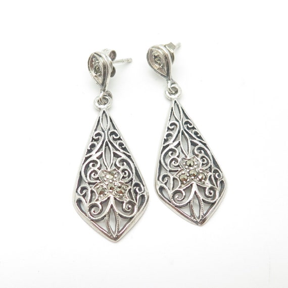 925 Sterling Silver Vintage Real Marcasite Scroll… - image 4