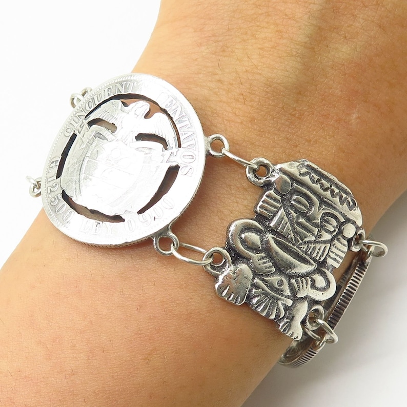 Vtg 900 Silver Colombia Coin Cutout Design and Tribal Theme Wide Link Bracelet 7