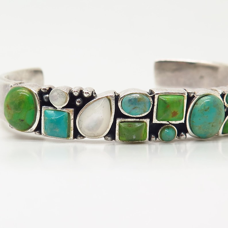 925 Sterling Vintage Multi Turquoise and Mother of Pearl Cuff Bracelet 6 34