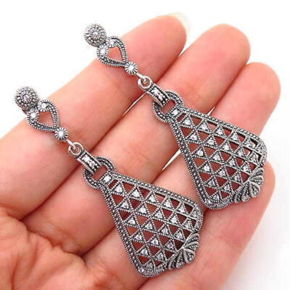 925 Sterling Silver C Z Ornate Net Design Danglin… - image 1