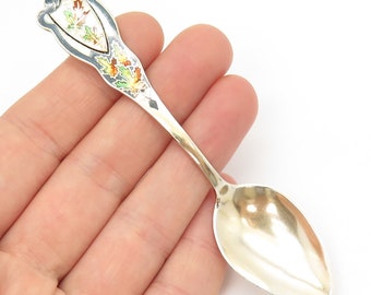 925 Sterling Gold Washed Antique Colorful Enamel Maple Leaf Demitasse Spoon