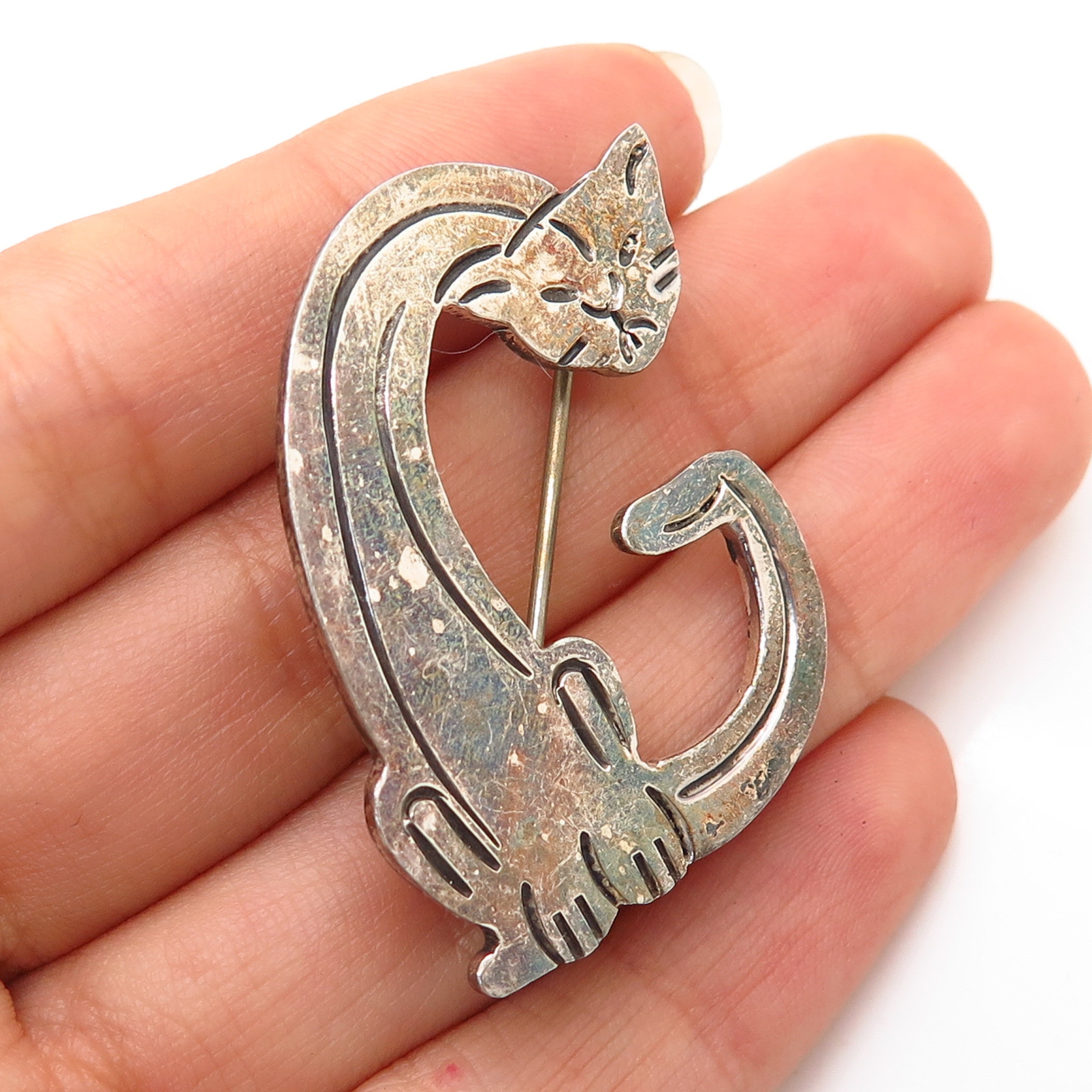 925 Sterling Silver Vintage Grumpy Cat Design Pin Brooch Etsy