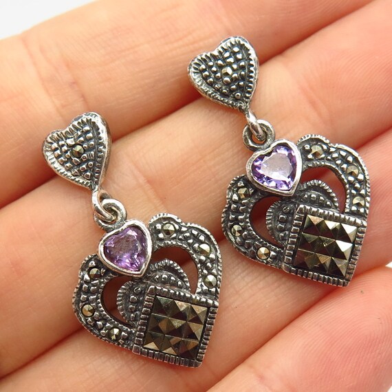 Sterling Silver Marcasite Heart Dangle Earrings Sterling Silver Marcasite Heart Dangle Earrings