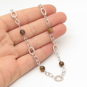 925 Sterling Silver Vintage Real Tiger Eye Gem Station Oval Chain Necklace 17&quot;
