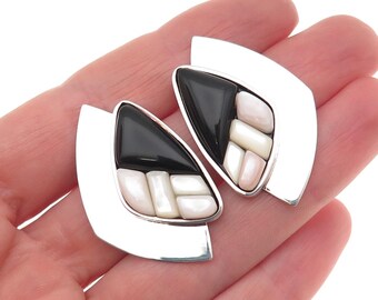 Vintage Black Teardrop Alpaca Mexico Silver Earrings, Shell Inlay  display picture 1