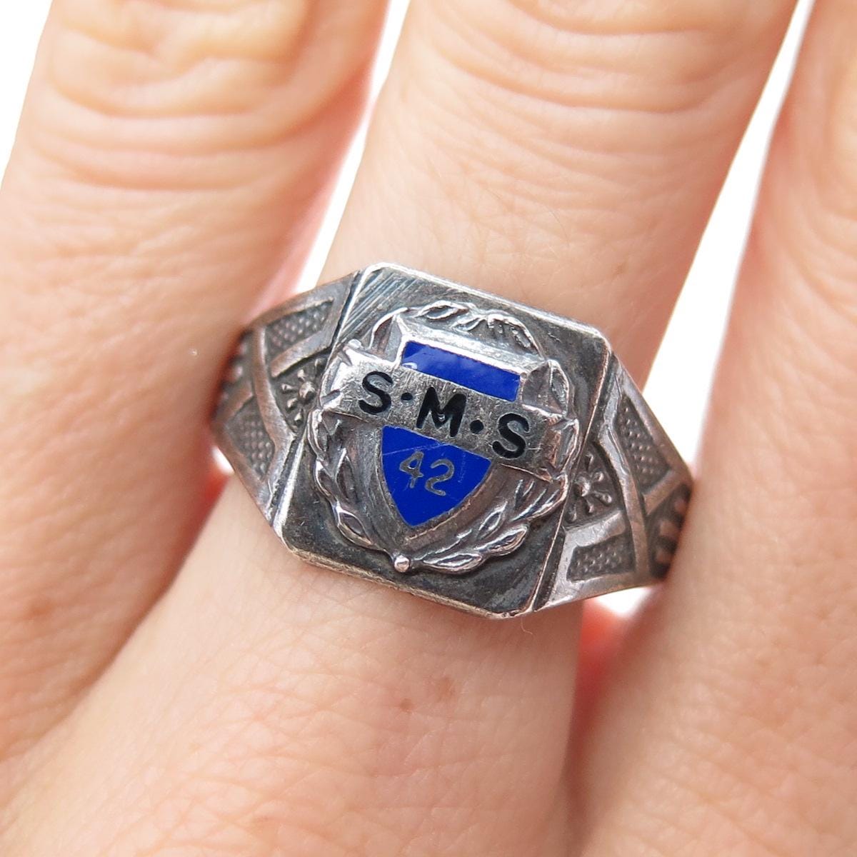 925 Sterling Silver Antique 1942 Enamel SMS College Oxidized Ring