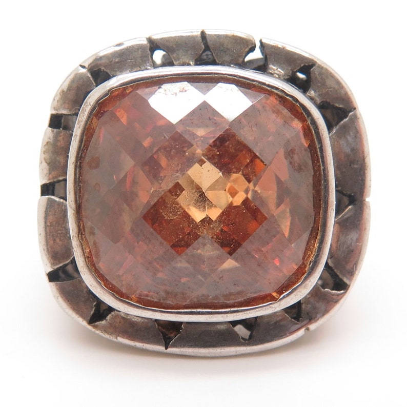 925 Sterling Silver Large Cognac CZ Modernist Ring Size 5 34
